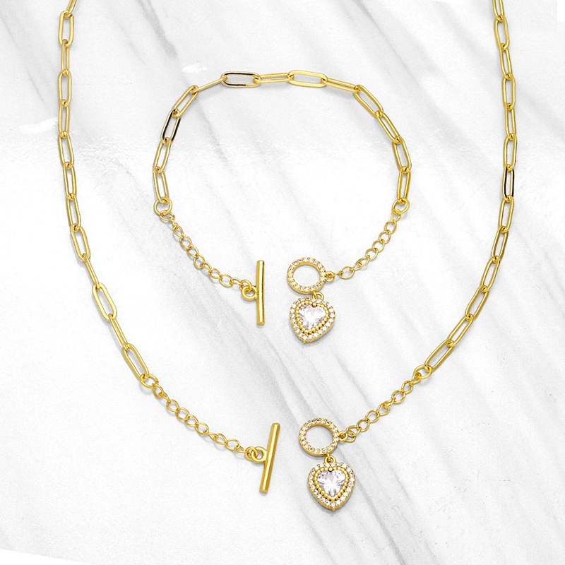 OT Clasp Jewlry Set Heart Shaped Zirconia Necklace Bracelet