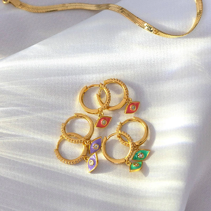 Enamel Eye Shape Earrings Brass Zircon Hoop Earrings