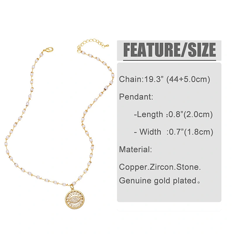 Zirconia Evil Eye Pendant Copper Necklace With Pearl Chain