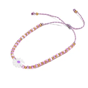 Handmade Braided Daisy Purple Beaded Stainless Steel Bracelet