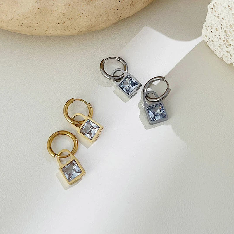 Gold Hoop Earrings Jewelry Cubic Zirconia Lock Drop Earrings