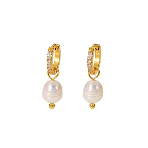 Retro Zircon Hoop Earring Freshwater Pearl Drop Earrings