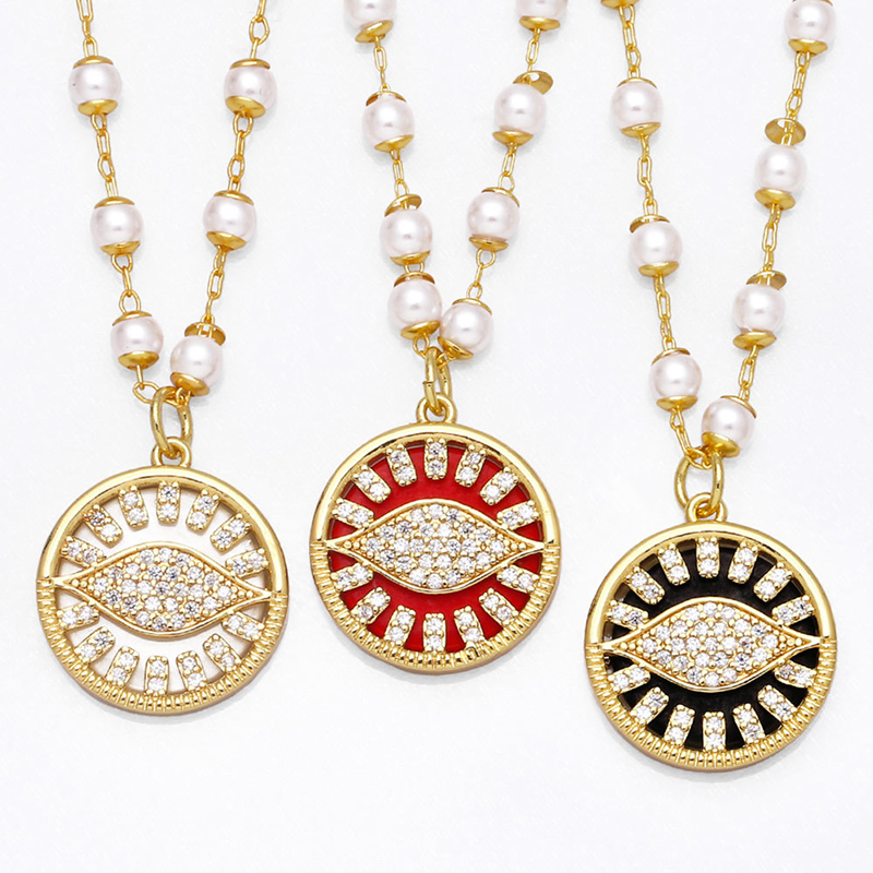 Zirconia Evil Eye Pendant Copper Necklace With Pearl Chain