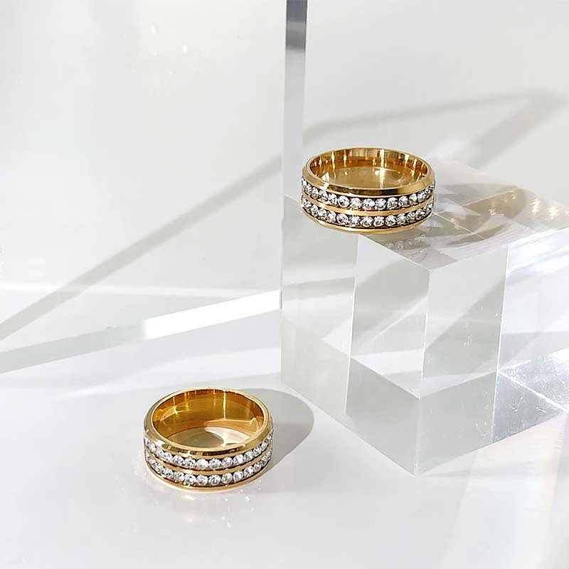 Gold Plated Double Row Rhinestone Stainless Steel Ring
