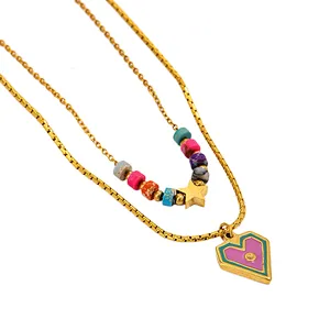 Colorful Beads Double Layer Heart Pendant Necklace