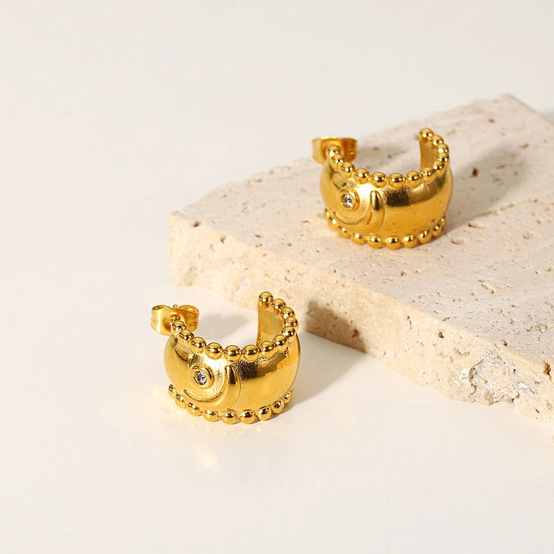Gold Basic Stud Earring Embossed Design Zircon Earrings