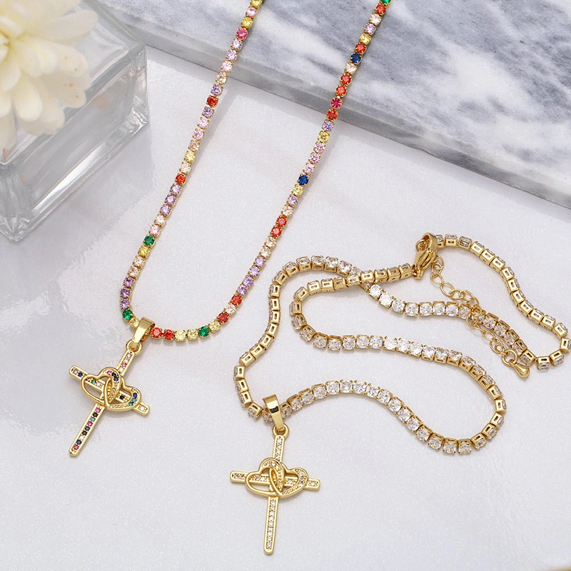 Multicolor Cubic Zirconia Cross Pendant Gold Plated Necklace