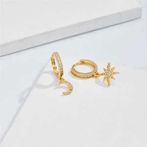Asymmetric Star Moon Earrings Brass Zircon Hoop Earrings