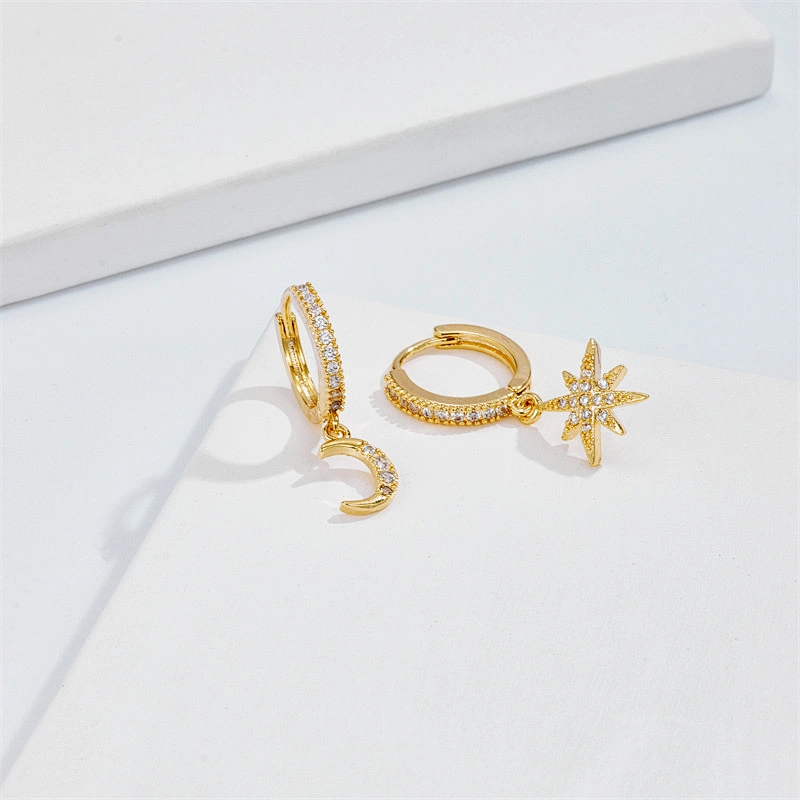 Asymmetric Star Moon Earrings Brass Zircon Hoop Earrings