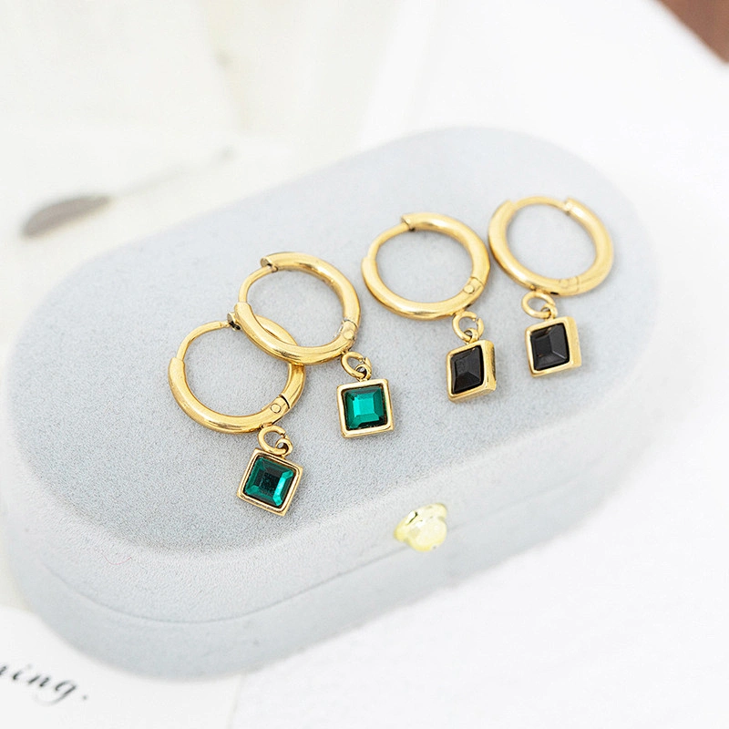 Black Zircon Hoop Square Pendant Stainless Steel Earrings