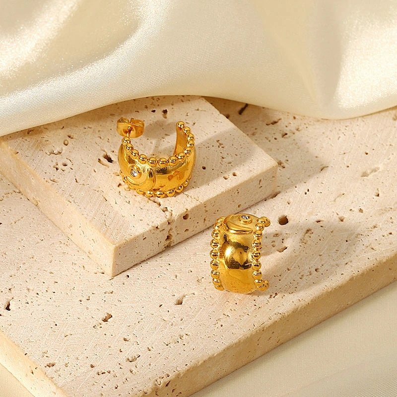 Gold Basic Stud Earring Embossed Design Zircon Earrings