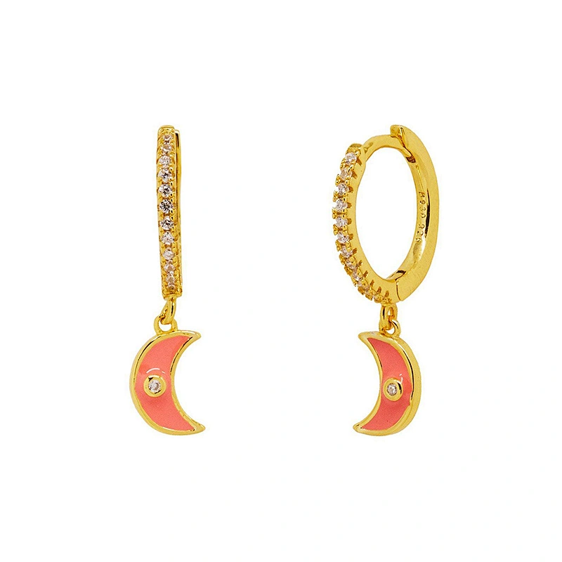 Brass Drop Enamel Moon Shape Zirconia Earring Jewelry