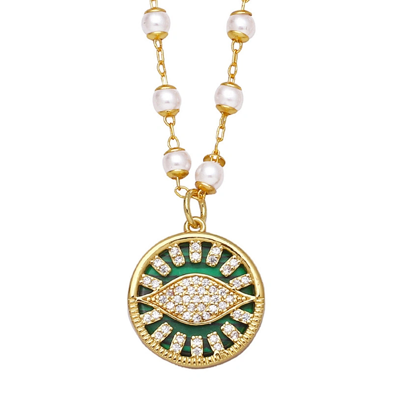 Zirconia Evil Eye Pendant Copper Necklace With Pearl Chain