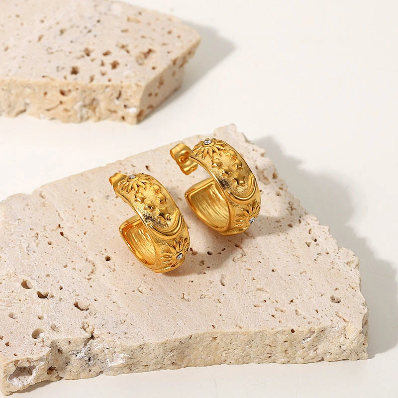 Fashion Cubic Zirconia Embossed Moon Design Stud Earrings