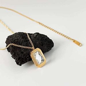 Stainless Steel Square Crystal Glass Pendant Necklace