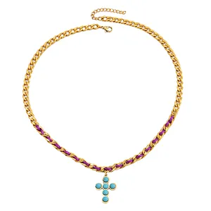 New Natural Stone Cross Pendant Stainless Steel Necklace