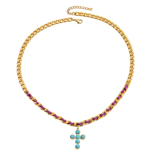 New Natural Stone Cross Pendant Stainless Steel Necklace