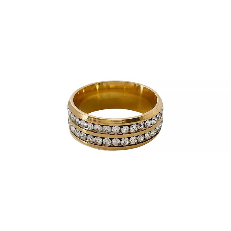 Gold Plated Double Row Rhinestone Stainless Steel Ring