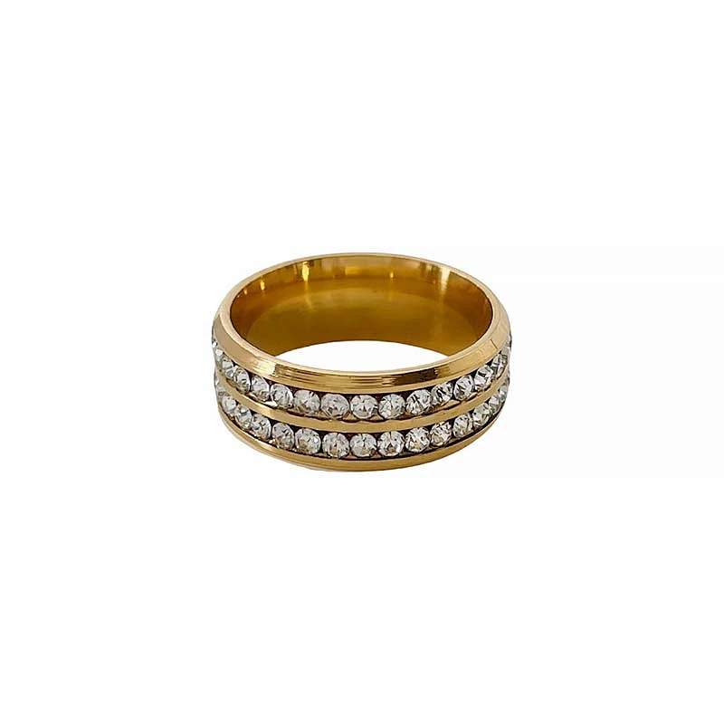 Gold Plated Double Row Rhinestone Stainless Steel Ring