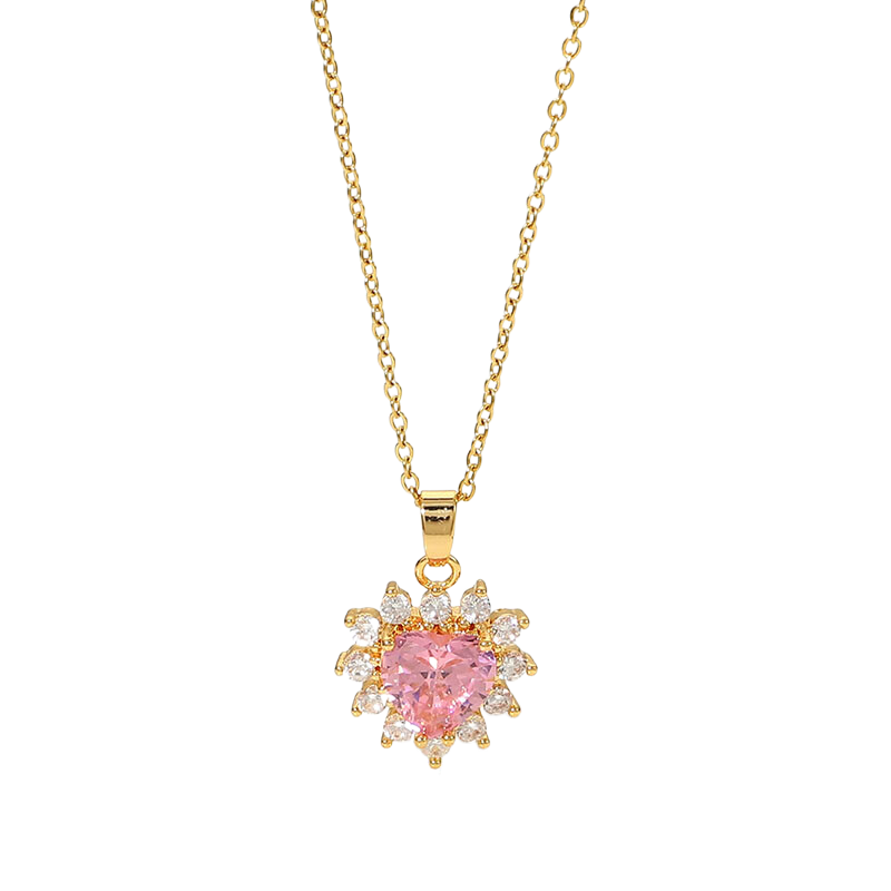 Pink Heart Shaped Cubic Zirconia Pendant Necklace Women