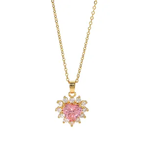 Pink Heart Shaped Cubic Zirconia Pendant Necklace Women