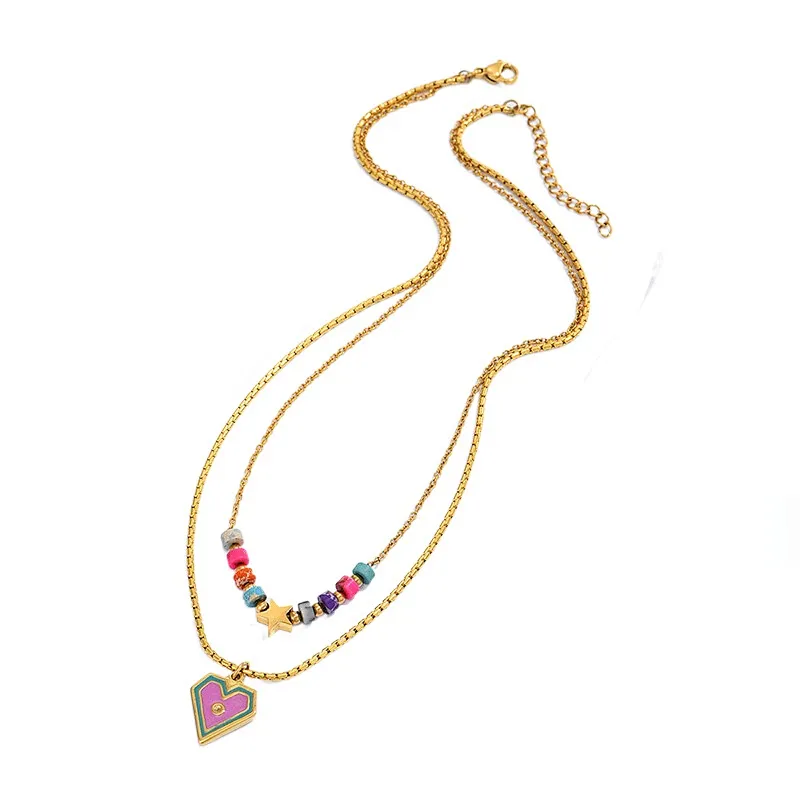 Colorful Beads Double Layer Heart Pendant Necklace