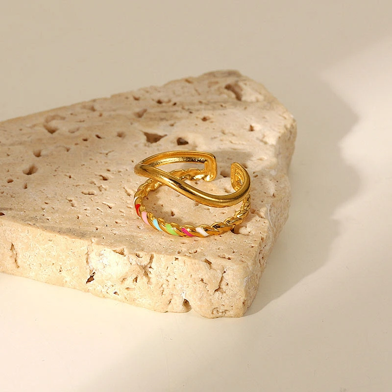 Gold Enamel Multicolored Oil Drip Open Ring