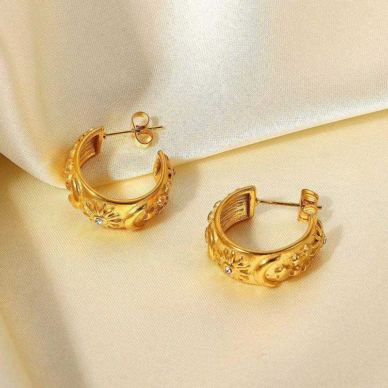 Fashion Cubic Zirconia Embossed Moon Design Stud Earrings