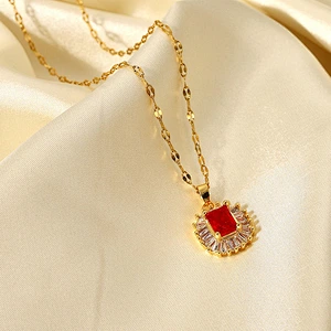 Fashion Steel Necklace Red Zircon Pendant Necklace