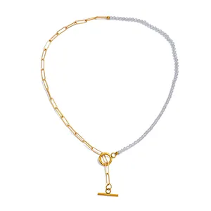 Simple OT Buckle Beaded Necklace Stainless Steel Chain Necklace