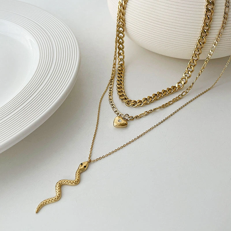 Simple Heart Zircon Pendant Necklace Snake Pendant Multilayer Necklace