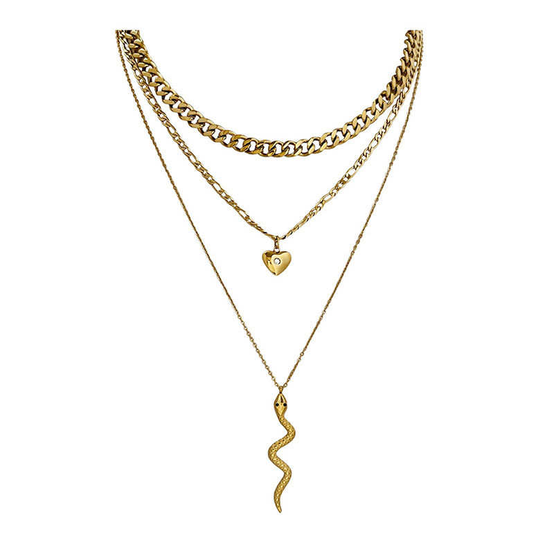 Simple Heart Zircon Pendant Necklace Snake Pendant Multilayer Necklace
