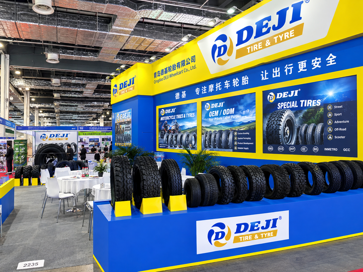 Motorcycle tire product range at DEJI TIRE factory in China