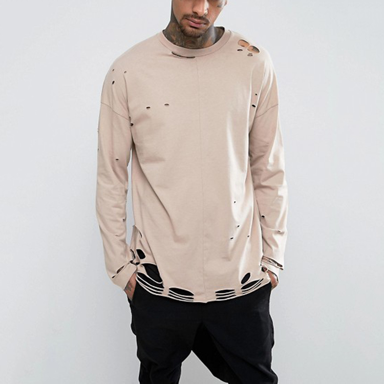 Long sleeve mens t shirts ripped tee manufacturer