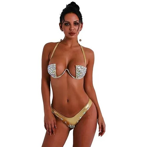 Green Embellished Crystal Sexy Bikini Set