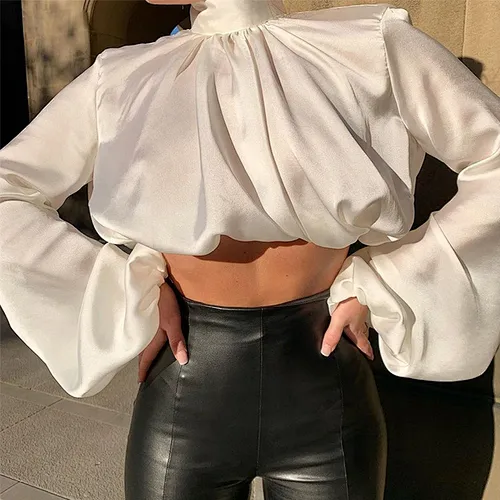 Women Casual Simple Loose Blouses Design High Neck Long Puff Sleeve Crop Top