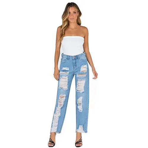 Custom Logo New Arrivals Fashion Skinny Light Blue Denim Ripped Distressed Women Jeans Zipper Washed Trousers