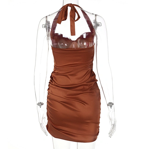 Satin Bodycon Dress Ruched Mini Dress Halter Sexy Party Club Tight Women Casual Wholesale