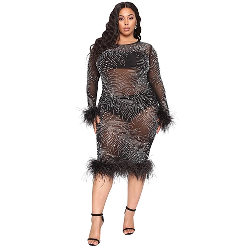 Wholesale Long Sleeve Feather Bag Hip Rhinestone Plus Size Dress Fashionable Sexy Perspective Club Evening Dress