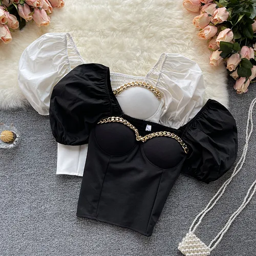 French Style Blouse Summer Slim Fit Gold Chain Short Puff Sleeve Shirt Solid Color Crop Tops