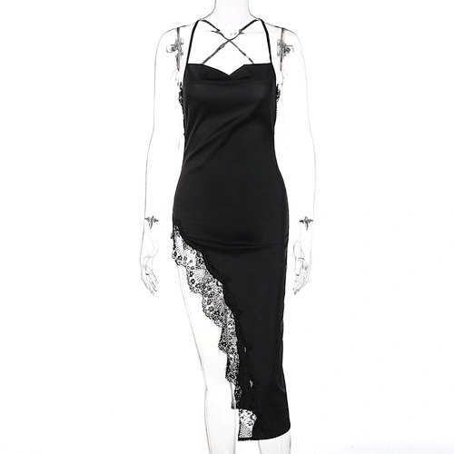 Patchwork Slit Backless Satin Lace Mini Dress Women Sexy Club Party Wear Wholesale Fashion Prom Dress