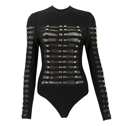 2022 Fashion Long Sleeve Metal Ring Patchwork Mesh Sexy Bodycon Bandage Bodysuit