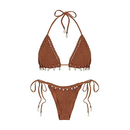 Rust Shell Embellished Crochet Knit Bikini