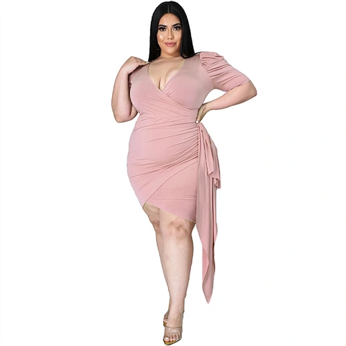V Neck Pleated Dress Puff Sleeve Casual Plus Size Women Plus Size Evening Dress
