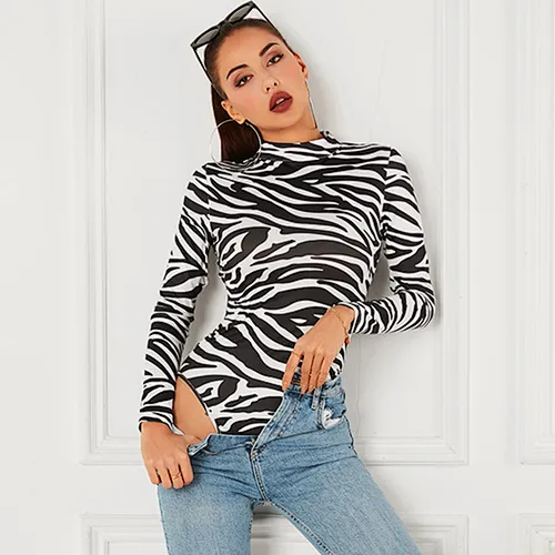 Double Crazy Print Zebra Pattern Bodysuit Backless Long Sleeve Casual Bodysuits