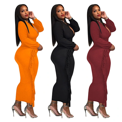 Wholesale Women Sleeve Plain V Neck Stylish Sexy Tassels Elegant for fat Women Long Bodycon Dress Plus Size Dress