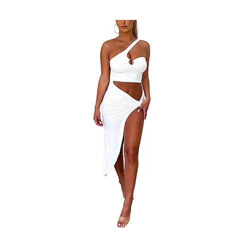 Night Club Wear Backless Double Layer Hollowed Out Diagonal Shoulder High Slit and Halter Women Ruched Dress