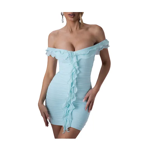 Free Sample Wholesale Custom Summer Women Mini Bodycon Sleeveless Mesh Chiffon Dress Ruffle Strapless Dress
