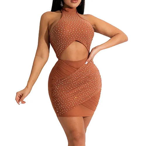 Club Wear Wholesale Women Mesh Hollow Out Rhinestone Dress Custom Color Size Bodycon Party Mini Dress