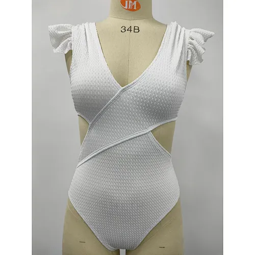 V Neck Hollow Out Women Wholesale Beachwear Ruffle One Piece Swimsuit